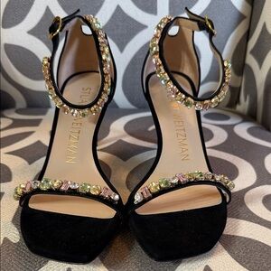Stuart Weitzman Black Heels with Multicolor Crystal Accents